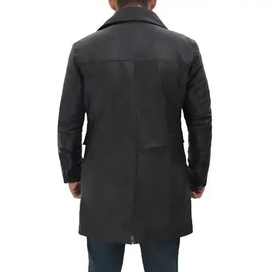 Men’s Four-Pocket Black Leather Trench Coat