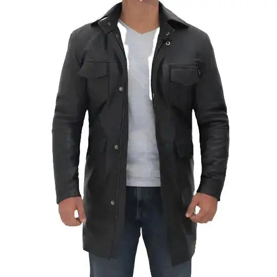 Men’s Four-Pocket Black Leather Trench Coat