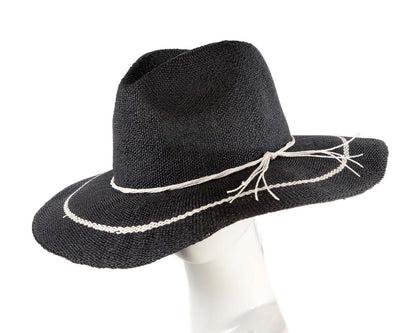 Navy Woven Natural Fiber Wide Brim Fedora-0