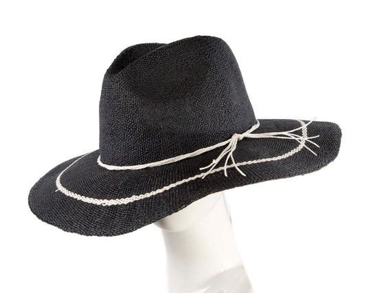 Navy Woven Natural Fiber Wide Brim Fedora-0