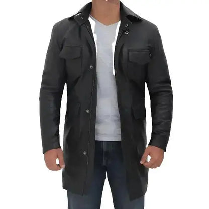 Men’s Four-Pocket Black Leather Trench Coat
